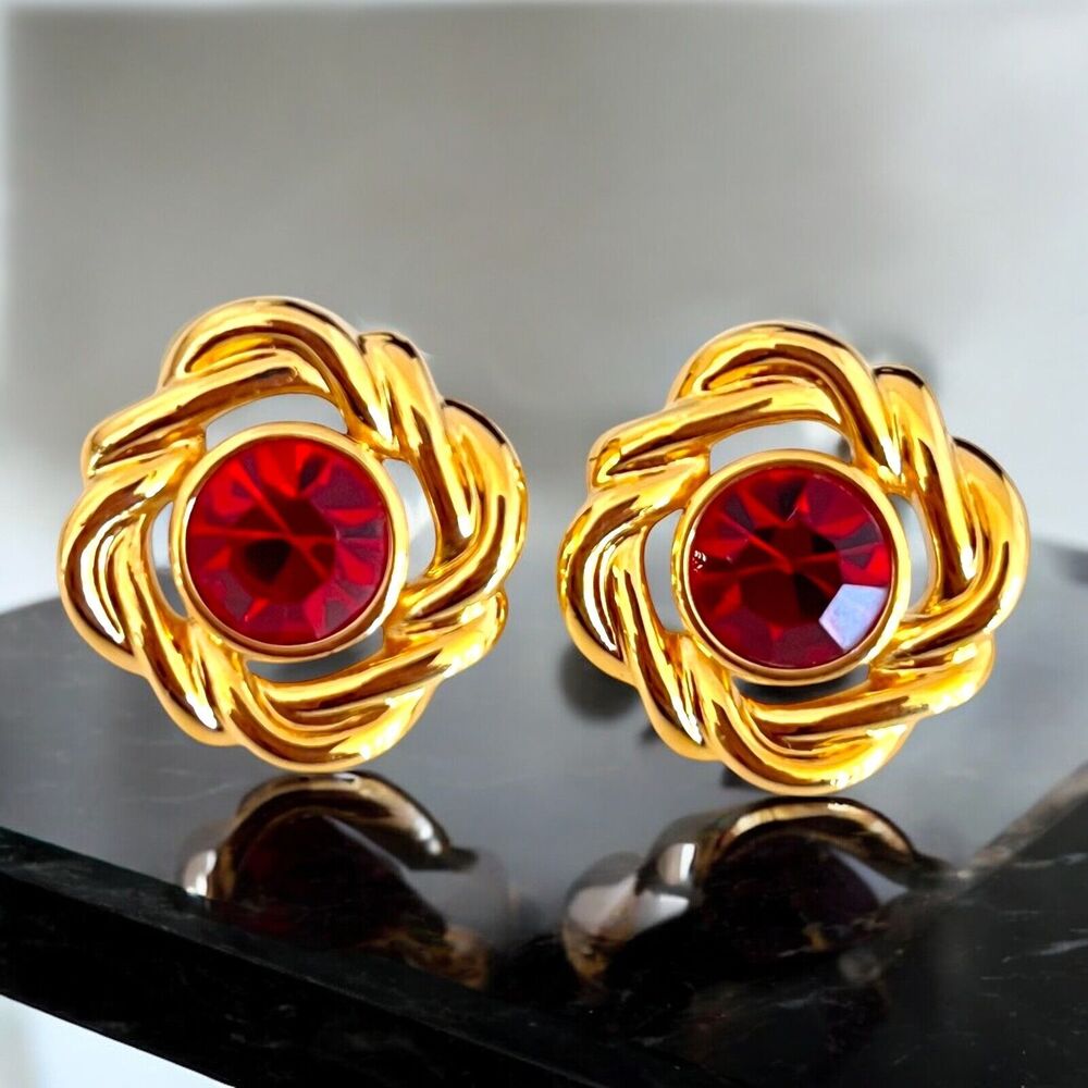Vintage 1990s Savvy by Swarovski Earrings Red Crystal Gold Tone Studs - 12D